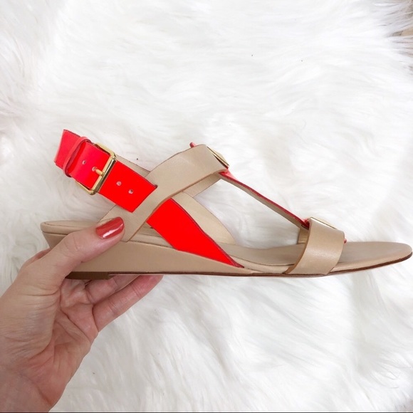 New Kate Spade gold stud neon orange wedge sandal - Picture 2 of 8